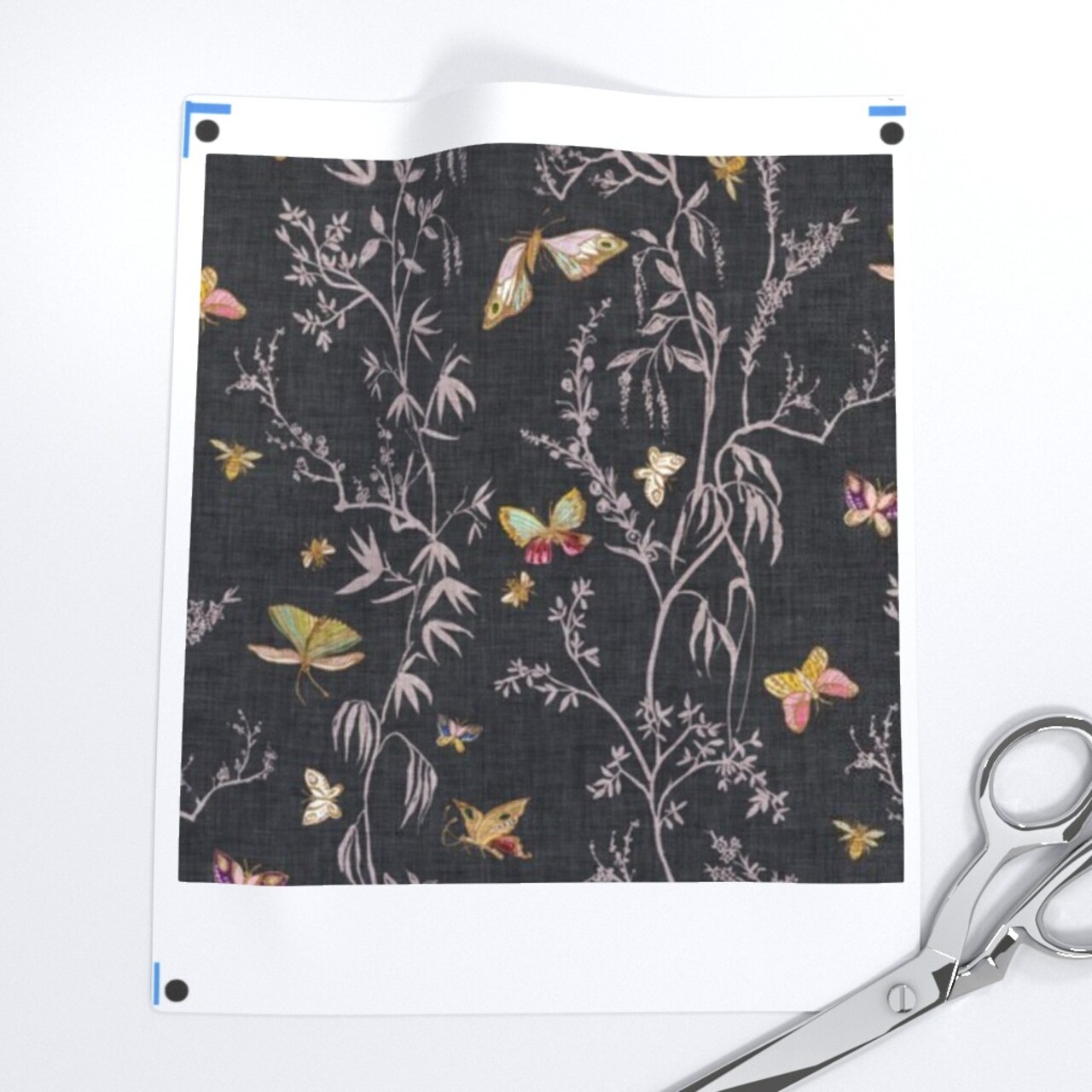 Butterflies Dark Gray Faux Linen Boho Botanical Floral Garden Chinoiserie Insects Custom Printed Fabric by Spoonflower Various Fabrics by the Yard or Fat Quarter